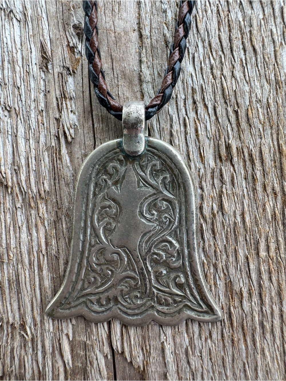 Antique Silver Bell Pendant on Braided Leather Cord